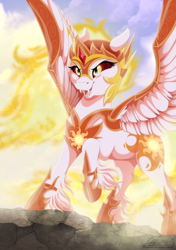 Size: 800x1134 | Tagged: safe, artist:dvixie, deleted from derpibooru, imported from derpibooru, daybreaker, alicorn, pony, a royal problem, cute, diabreaker, fangs, female, helmet, mare, pure unfiltered evil, smiling, solo, unshorn fetlocks