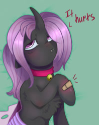 Size: 1500x1900 | Tagged: safe, artist:hedgehog, imported from derpibooru, oc, oc only, oc:fluffy fang, changeling, bandaid, bell, bell collar, blushing, changeling oc, collar, cute, purple changeling