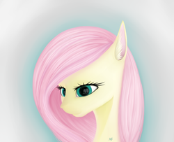 Size: 1600x1300 | Tagged: safe, artist:aura dawn, imported from derpibooru, fluttershy, pony, bust, ear fluff, eye reflection, female, looking down, portrait, reflection, simple background, solo