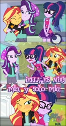 Size: 1024x1961 | Tagged: safe, artist:spottedlions, edit, imported from derpibooru, sci-twi, starlight glimmer, sunset shimmer, twilight sparkle, equestria girls, mirror magic, spoiler:eqg specials, female, lesbian, magical trio, scitwishimmer, shipping, spanish, sunsetsparkle