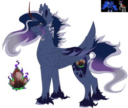 Size: 1032x871 | Tagged: safe, artist:loxes, imported from derpibooru, oc, oc only, oc:crystal echo, alicorn, bat pony, pegasus, pony, alicorn oc, crystal, curved horn, cutie mark, moon, parent:king sombra, parent:princess luna, solo