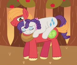 Size: 1812x1536 | Tagged: safe, artist:kindheart525, imported from derpibooru, big macintosh, rarity, pony, alternate hairstyle, apple orchard, bandana, braid, carrying, eyes closed, horse collar, male, ponies riding ponies, rarimac, rarity riding big macintosh, riding, shipping, sleeping, straight, sunset, yoke