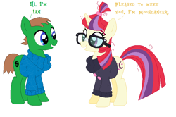 Size: 742x494 | Tagged: safe, imported from derpibooru, moondancer, oc, oc:ian, pony, clothes, glasses, hello, iandancer, sweater