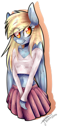 Size: 1024x2218 | Tagged: safe, artist:overtime-artist, imported from derpibooru, derpy hooves, anthro, belly button, clothes, cute, female, folded wings, midriff, moe, pleated skirt, short shirt, signature, skirt, solo