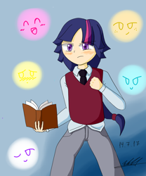 Size: 1000x1200 | Tagged: safe, artist:neutralchilean, imported from derpibooru, twilight sparkle, human, blushing, book, clothes, dusk shine, humanized, looking at you, pants, rule 63, shirt, vest