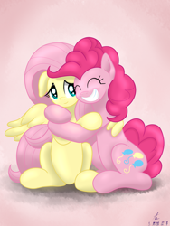 Size: 3000x4000 | Tagged: safe, artist:truffle shine, imported from derpibooru, fluttershy, pinkie pie, earth pony, pegasus, pony, duo, duo female, female, flutterpie, friendshipping, hug, mare, signature, sitting, smiling, winghug, wings