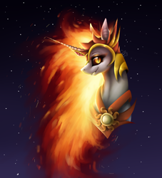 Size: 952x1050 | Tagged: safe, artist:alissa1010, imported from derpibooru, daybreaker, pony, a royal problem, beautiful, bust, drawn with mouse, female, fire, majestic, mane of fire, night, portrait, solo, stars