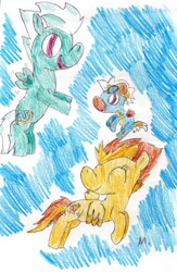 Size: 752x1155 | Tagged: safe, artist:ptitemouette, imported from derpibooru, fleetfoot, spitfire, oc, oc:weather fire, pony, clothes, family, female, fleetfire, lesbian, magical lesbian spawn, offspring, parent:fleetfoot, parent:spitfire, parents:fleetfire, shipping, traditional art, uniform, wonderbolts uniform
