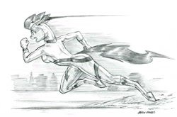 Size: 1500x991 | Tagged: source needed, safe, artist:baron engel, imported from derpibooru, fili-second, pinkie pie, anthro, earth pony, unguligrade anthro, breasts, clothes, extreme speed animation, female, gloves, grayscale, monochrome, pencil drawing, power ponies, running, sideboob, simple background, sketch, skintight clothes, solo, superhero, superhero humanized, traditional art, white background