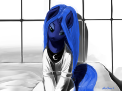 Size: 1600x1200 | Tagged: safe, artist:chickhawk96, imported from derpibooru, princess luna, pony, asylum, bondage, clothes, female, solo, straitjacket