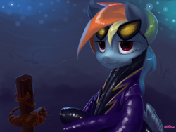 Size: 1600x1200 | Tagged: safe, artist:chickhawk96, imported from derpibooru, rainbow dash, pegasus, pony, friendship is magic, bad end, betrayal, bridge, clothes, costume, fallen hero, female, latex, red eyes, shadowbolt dash, shadowbolts, shadowbolts costume, solo, traitor, wrong eye color