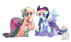 Size: 1135x675 | Tagged: safe, artist:dusty-munji, imported from derpibooru, applejack, rainbow dash, earth pony, pegasus, pony, boots, braid, braided tail, clothes, cowboy hat, dress, duo, female, freckles, gala dress, hat, mare, raised hoof, shoes, simple background, smiling, spread wings, tail, white background, wings