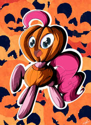 Size: 1600x2200 | Tagged: safe, artist:therandomjoyrider, imported from derpibooru, pinkie pie, earth pony, pony, abstract background, clothes, costume, female, mare, nightmare night, open mouth, pumpkin, raised hoof, solo, surprised