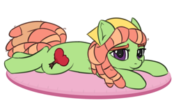 Size: 1138x687 | Tagged: safe, artist:treekickerdraws, imported from derpibooru, tree hugger, earth pony, pony, cute, female, looking at you, lying down, mare, simple background, solo, white background