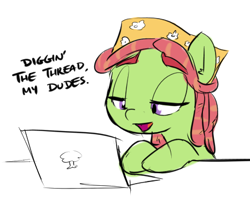 Size: 457x363 | Tagged: safe, artist:shoutingisfun, imported from derpibooru, tree hugger, earth pony, pony, amused, bandana, computer, dialogue, female, laptop computer, lidded eyes, mare, open mouth, open smile, reaction image, smiling, solo