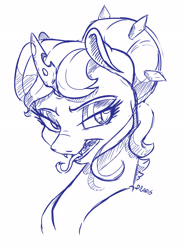 Size: 2302x3088 | Tagged: safe, artist:dilarus, deleted from derpibooru, imported from derpibooru, oc, oc only, oc:queen polistae, changeling, changeling queen, bust, changeling oc, changeling queen oc, female, hair bun, monochrome, open mouth, sketch, solo, tongue out