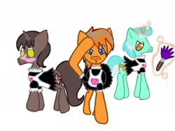 Size: 2048x1536 | Tagged: safe, artist:orangethebat, artist:snowflakestars, imported from derpibooru, lyra heartstrings, oc, oc:cold front, oc:regal masquerade, pegasus, pony, unicorn, apron, clothes, crossdressing, dress, duster, glowing horn, guyra, magic, maid, male, rule 63, salute, simple background, stallion, telekinesis, white background