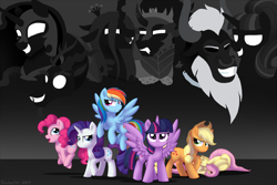 Size: 1024x683 | Tagged: safe, artist:tambelon, imported from derpibooru, applejack, discord, fluttershy, king sombra, lord tirek, nightmare moon, pinkie pie, queen chrysalis, rainbow dash, rarity, starlight glimmer, twilight sparkle, alicorn, changeling, draconequus, earth pony, pegasus, pony, unicorn, antagonists six, cowboy hat, female, hat, male, mane six, mare, monochrome, silhouette, simple background, stallion, twilight sparkle (alicorn)