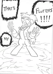 Size: 1700x2399 | Tagged: safe, artist:jmkplover, imported from derpibooru, pony, angry, badass, bipedal, bone spike projection, clothes, crossover, dog tags, fangs, furious, implied fluttershy, jacket, monochrome, ponified, screaming, solo, traditional art, wolverine, x-men, yelling