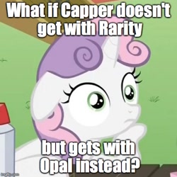 Size: 500x500 | Tagged: safe, edit, edited screencap, imported from derpibooru, screencap, capper dapperpaws, opalescence, rarity, sweetie belle, pony, my little pony: the movie, ponyville confidential, capperity, cropped, exploitable meme, female, image macro, meme, solo, sudden clarity sweetie belle