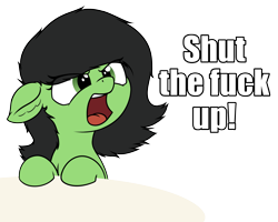 Size: 2927x2341 | Tagged: safe, artist:smoldix, imported from derpibooru, oc, oc only, oc:filly anon, pony, angry, female, filly, image macro, meme, open mouth, reaction image, shut the fuck up, solo, stfu, vulgar, yelling