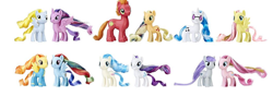 Size: 1056x371 | Tagged: safe, imported from derpibooru, applejack, big macintosh, coco pommel, derpy hooves, dj pon-3, fluttershy, maud pie, pinkie pie, rainbow dash, rarity, spitfire, twilight sparkle, vinyl scratch, alicorn, pony, mane six, toy, twilight sparkle (alicorn)