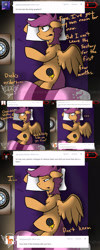 Size: 1500x3750 | Tagged: safe, artist:conmanwolf, imported from derpibooru, scootaloo, pegasus, pony, ask factory scootaloo, fanfic:rainbow factory, battery, bed, comic, crying, factory scootaloo, pillow, recording