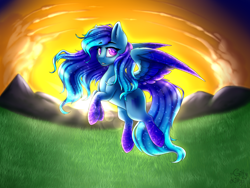 Size: 2000x1500 | Tagged: safe, artist:gittykitty264, imported from derpibooru, oc, oc only, oc:northern lights, pegasus, pony, blue coat, blue mane, purple eyes, solo