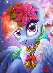 Size: 800x1100 | Tagged: safe, artist:sorcerushorserus, imported from derpibooru, rainbow dash, pegasus, pony, beautiful, bell, bust, female, flower, flower in hair, hearth's warming eve, holly, mare, mistletoe, poinsettia, portrait, solo