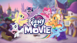 Size: 2560x1440 | Tagged: safe, imported from derpibooru, applejack, fluttershy, pinkie pie, rainbow dash, rarity, twilight sparkle, alicorn, my little pony: the movie, canterlot, mane six, my little pony logo, twilight sparkle (alicorn), wallpaper