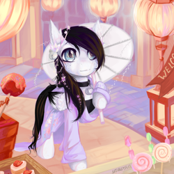 Size: 1600x1600 | Tagged: safe, artist:utauyan, imported from derpibooru, oc, oc only, oc:lamika, pony, candy, clothes, festival, flower, flower in hair, food, freckles, kimono (clothing), lantern, lollipop, paper lantern, solo, umbrella