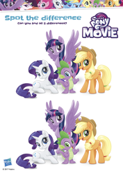 Size: 2480x3507 | Tagged: safe, imported from derpibooru, applejack, fluttershy, queen novo, rainbow dash, rarity, spike, twilight sparkle, alicorn, dragon, earth pony, hippogriff, pegasus, pony, unicorn, my little pony: the movie, activity book, alternate hairstyle, color change, eye color change, missing freckles, missing horn, my little pony logo, official, pegasus twilight sparkle, race swap, spot the difference, twilight sparkle (alicorn)