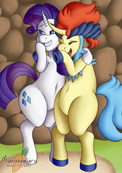 Size: 837x1183 | Tagged: safe, artist:marukomuru, imported from derpibooru, rarity, keldeo, pony, belly button, bipedal, crossover, duo, grin, keldity, laughing, laughingmares.jpg, open mouth, pokémon, shipping, smiling, underhoof