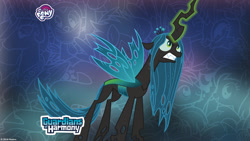 Size: 2560x1440 | Tagged: safe, imported from derpibooru, queen chrysalis, changeling, changeling queen, crown, female, guardians of harmony, jewelry, my little pony logo, official, regalia, solo, wallpaper