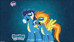 Size: 2560x1440 | Tagged: safe, imported from derpibooru, soarin', spitfire, pony, guardians of harmony, my little pony logo, official, wallpaper, wonderbolts