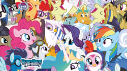 Size: 2560x1440 | Tagged: safe, imported from derpibooru, blossomforth, cloudchaser, cranky doodle donkey, daring do, dj pon-3, flam, flim, flitter, gilda, octavia melody, pinkie pie, princess celestia, rainbow dash, rarity, rumble, snails, snips, soarin', sunset shimmer, thunderlane, twilight sparkle, twist, vinyl scratch, griffon, pony, animal costume, chicken pie, chicken suit, clothes, costume, everypony, female, guardians of harmony, male, my little pony logo, official, self ponidox, wallpaper