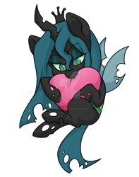 Size: 1024x1298 | Tagged: safe, artist:twisted-sketch, imported from derpibooru, queen chrysalis, changeling, changeling queen, nymph, bronycon, biting, chibi, cute, cutealis, deviantart watermark, digital art, female, heart, nom, obtrusive watermark, simple background, solo, sticker, watermark, white background