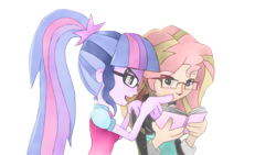 Size: 1024x576 | Tagged: safe, artist:root, derpibooru exclusive, imported from derpibooru, sci-twi, sunset shimmer, twilight sparkle, equestria girls, book, glasses, simple background, transparent background