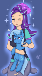 Size: 2130x3821 | Tagged: safe, artist:wolfy-pony, imported from derpibooru, starlight glimmer, trixie, human, pony, unicorn, equestria girls, mirror magic, spoiler:eqg specials, :t, beanie, blue background, blushing, cute, eyes closed, female, glimmerbetes, happy, hat, holding a pony, holding hooves, human coloration, human on pony hoof holding, humanized, kneeling, lesbian, mare, scrunchy face, shipping, simple background, smiling, sparkles, startrix, unamused