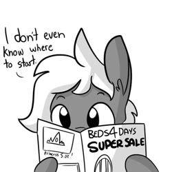 Size: 540x540 | Tagged: safe, artist:tjpones, imported from derpibooru, oc, oc only, oc:treasure trotonopolis, earth pony, pony, horse wife, catalogue, comic, dialogue, ear fluff, grayscale, hoof hold, male, monochrome, reading, simple background, single panel, solo, stallion, white background