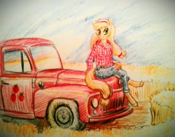 Size: 1107x864 | Tagged: safe, artist:kovoranu, imported from derpibooru, applejack, anthro, clothes, crossed legs, female, field, jeans, pants, plaid shirt, sitting, solo, traditional art, truck