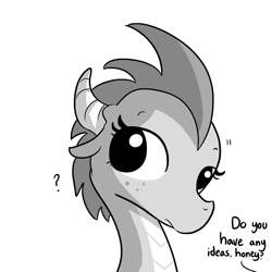 Size: 1280x1280 | Tagged: safe, artist:tjpones, imported from derpibooru, oc, oc only, oc:dragon wife, dragon, horse wife, bust, dialogue, dragoness, female, grayscale, horn, looking back, monochrome, offscreen character, portrait, question mark, simple background, single panel, solo, white background