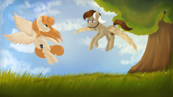 Size: 1920x1080 | Tagged: safe, artist:chickenbrony, artist:cottonaime, imported from derpibooru, oc, oc only, oc:megan rouge, oc:novich, pegasus, pony, colt, day, detailed background, female, green eyes, male, megich, redhead, scenery, shipping, smiling, tree, violet eyes