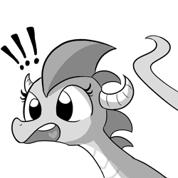 Size: 1280x1280 | Tagged: safe, artist:tjpones, imported from derpibooru, oc, oc only, oc:dragon wife, dragon, horse wife, bust, dragoness, exclamation point, female, simple background, single panel, white background