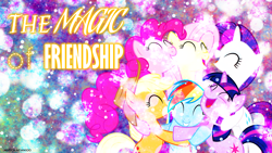 Size: 1920x1080 | Tagged: safe, artist:ahsokafan100, artist:kishmond, imported from derpibooru, applejack, fluttershy, pinkie pie, rainbow dash, rarity, twilight sparkle, group hug, hug, mane six, wallpaper