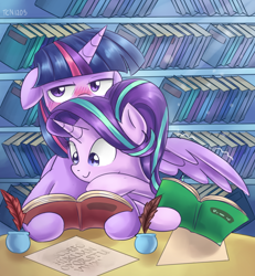 Size: 1560x1690 | Tagged: safe, artist:tcn1205, imported from derpibooru, starlight glimmer, twilight sparkle, alicorn, pony, blushing, book, bookshelf, female, floppy ears, hover hand, inconvenient starlight, lesbian, shipping, sniffing, twilight sparkle (alicorn), twistarlight