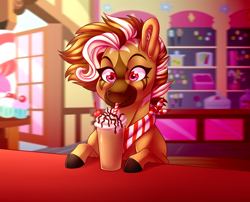 Size: 3500x2831 | Tagged: safe, artist:micky-ann, imported from derpibooru, oc, oc only, pony, drinking, female, mare, milkshake, solo, sugarcube corner, unshorn fetlocks