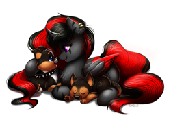 Size: 1543x1080 | Tagged: safe, artist:confetticakez, imported from derpibooru, oc, oc only, oc:darknight, alicorn, dog, pony, collar, female, lying down, mare, pet, puppy, red and black oc, simple background, white background