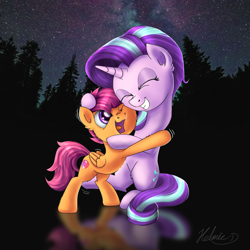 Size: 3026x3026 | Tagged: safe, artist:helmie-art, artist:helmie-d, imported from derpibooru, scootaloo, starlight glimmer, pegasus, pony, unicorn, cute, cutealoo, duo, duo female, eyes closed, female, filly, friendshipping, horn, hug, mare, night, scootalove, stars