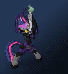 Size: 1757x1928 | Tagged: safe, artist:juanrock, imported from derpibooru, twilight sparkle, alien, pony, quarian, unicorn, bipedal, blue background, crossover, female, gradient background, gun, hoof hold, mare, mask, mass effect, ponified, shotgun, simple background, solo, tali'zorah vas normandy, weapon